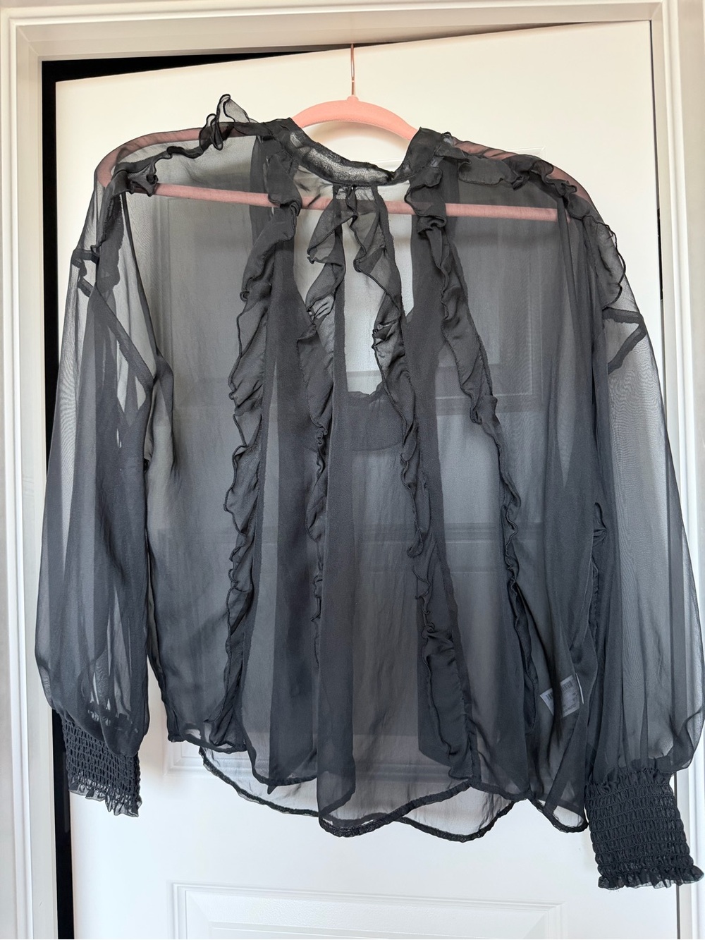 Sheer Ruffle Tie-Neck Blouse - Black